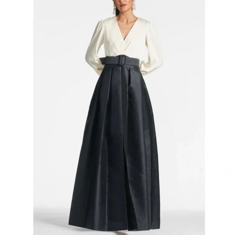 Sachin & Babi Ivory Black Zoe Long Sleeve Mikado Gown